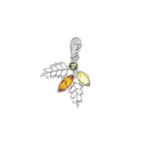 Pendentif feuilles en Ambre tricolore et en argent 925/1000 rhodié