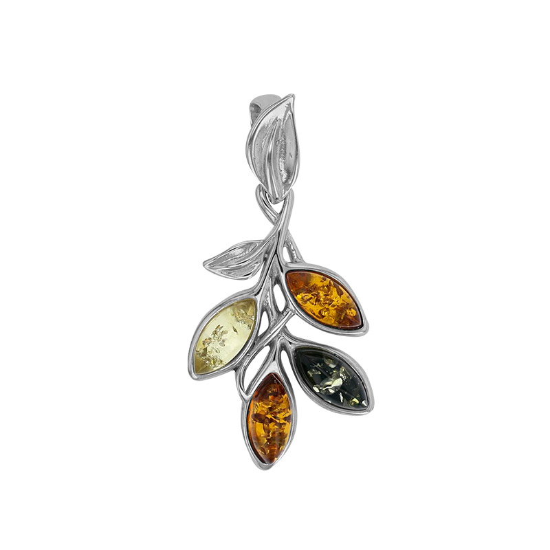 Pendentif feuilles pierres d'Ambre cognac, miel et marron, argent 925/1000 rhodié