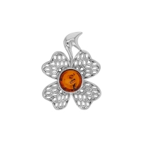 Pendentif fleur ajourée, ambre cognac en argent 925/1000