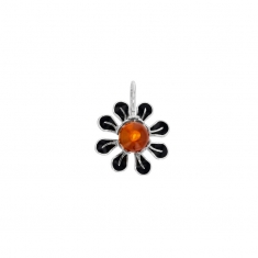 Pendentif fleur ambre cognac et émail noir en argent 925/1000 rhodié