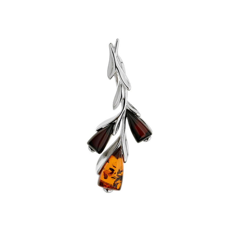 Pendentif fleur Ambre cognac et pétales couleur cerise, argent 925/1000 rhodié