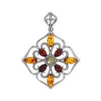 Pendentif fleur, ambres miel, cognac et marron en argent 925/1000 rhodié