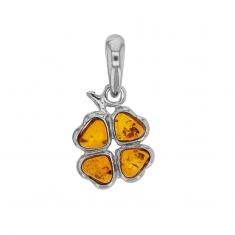 Pendentif fleur en forme de coeurs d'ambre et argent 925/1000 rhodié