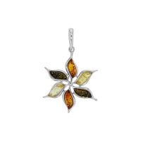 Pendentif fleur forme amande en ambre cognac, miel et gris, argent 925/1000 rhodié