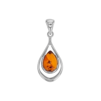 Pendentif forme amande Ambre cognac ajouré, argent 925/1000 rhodié