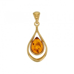 Pendentif forme amande Ambre cognac ajouré, argent 925/1000 rhodié