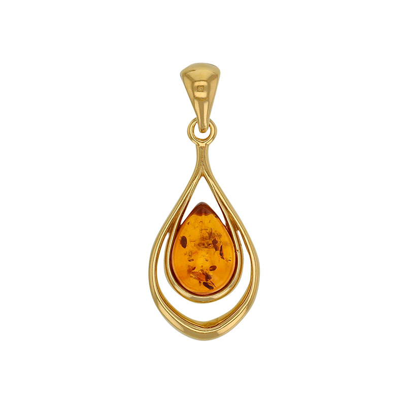 Pendentif forme amande Ambre cognac ajouré, argent 925/1000 rhodié