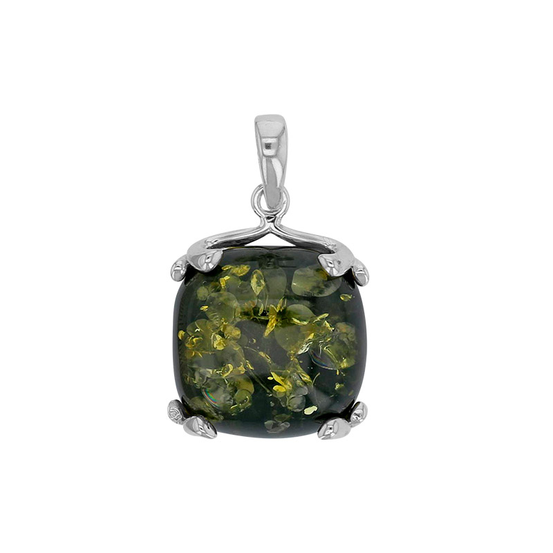 Pendentif forme carré orné d'une Ambre verte, argent 925/1000