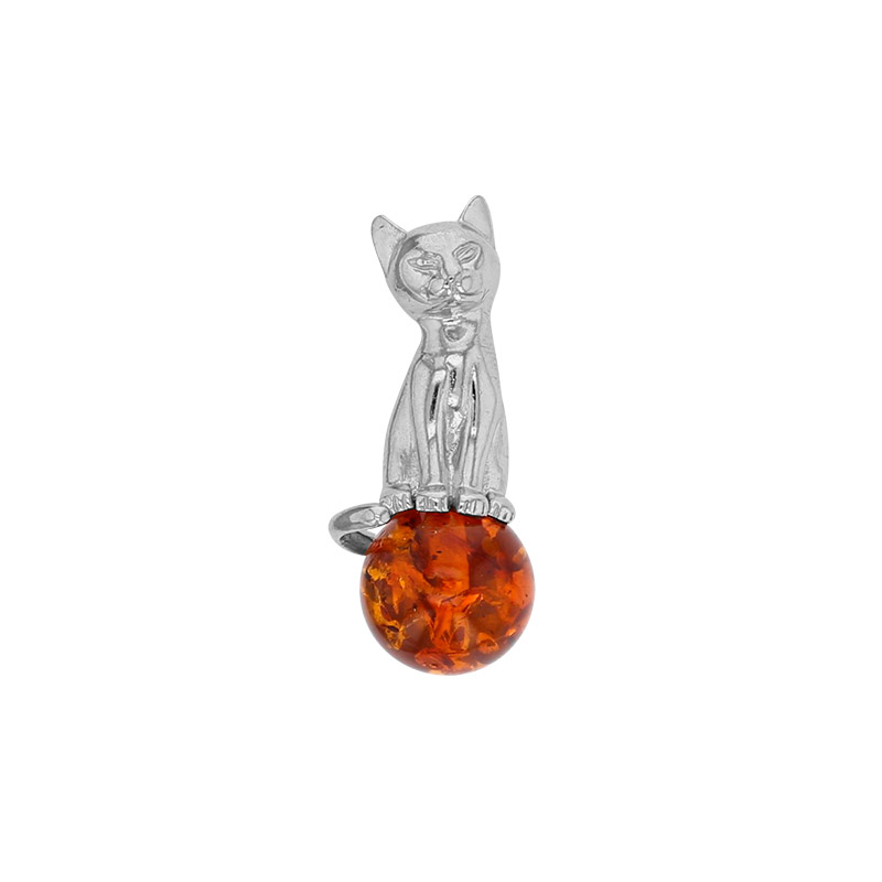 Pendentif forme chat en argent 925/1000 rhodié et ambre cognac