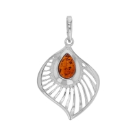 Pendentif forme feuille ajourée, ambre cognac en argent 925/1000 rhodié