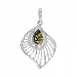 Pendentif forme feuille ajourée, ambre cognac en argent 925/1000 rhodié