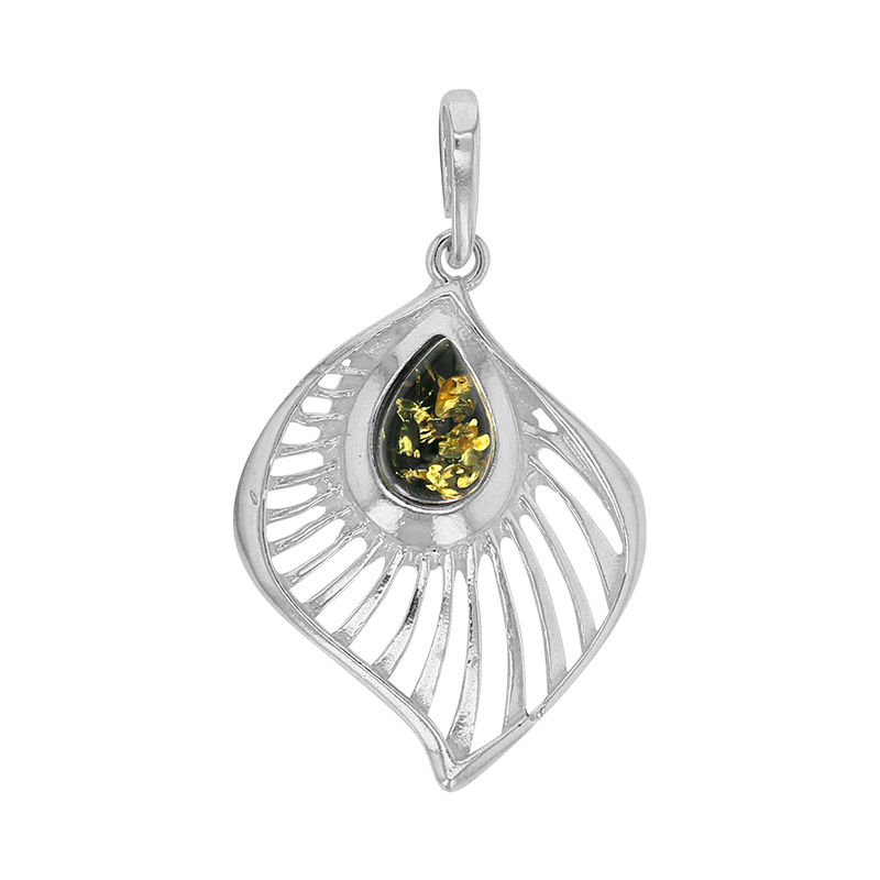 Pendentif forme feuille ajourée, ambre cognac en argent 925/1000 rhodié