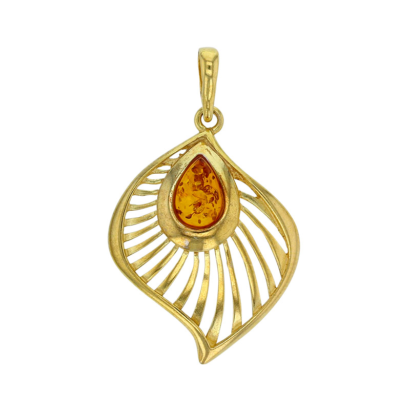 Pendentif forme feuille, Ambre cognac en argent 925/1000 doré