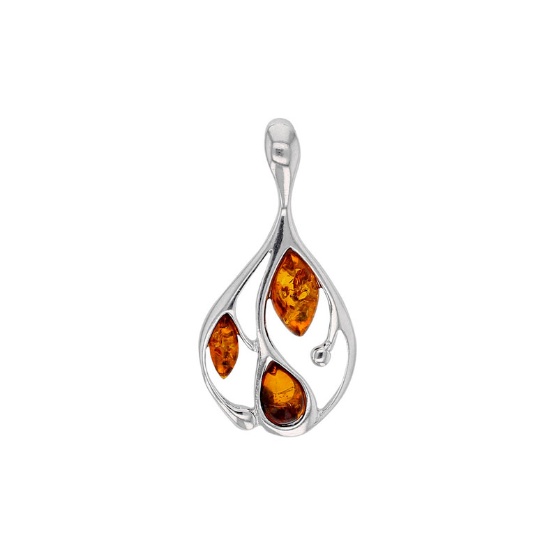 Pendentif forme feuille pierre Ambre cognac et armature argent 925/1000 rhodié