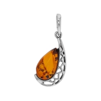 Pendentif forme goutte ajourée ambre cognac, argent 925/1000 vieilli