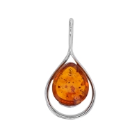 Pendentif forme goutte, ambre cognac en argent 925/1000 rhodié