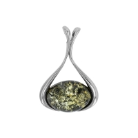 Pendentif forme goutte, ambre verte en argent 925/1000 rhodié