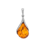 Pendentif forme goutte, pierre d'Ambre cognac, argent 925/1000 rhodié