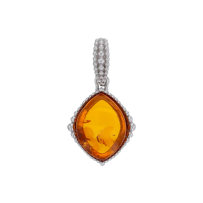 Pendentif forme losange, ambre cognac en argent 925/1000 rhodié