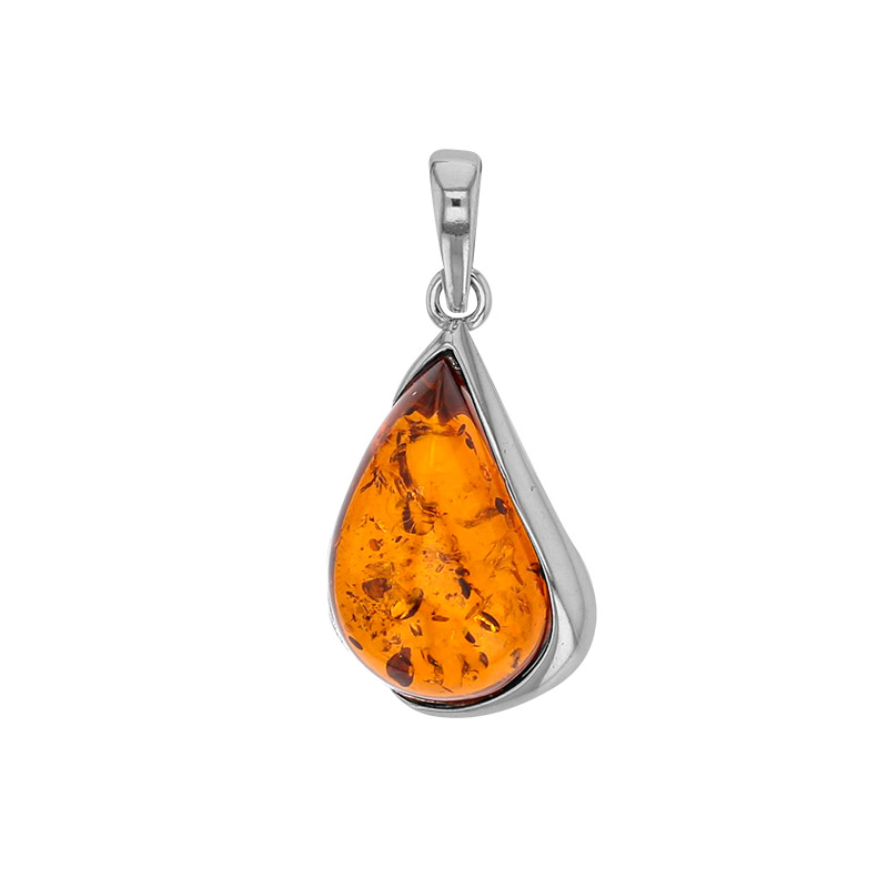 Pendentif forme ovale Ambre cognac, argent 925/1000 rhodié