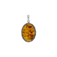 Pendentif grand cabochon ambre cognac ovale, motif antique, argent 925/1000 vieilli
