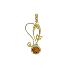 Pendentif grand chat ambre cognac rond en argent 925/1000 doré