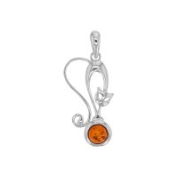 Pendentif grand chat ambre cognac rond en argent 925/1000 rhodié