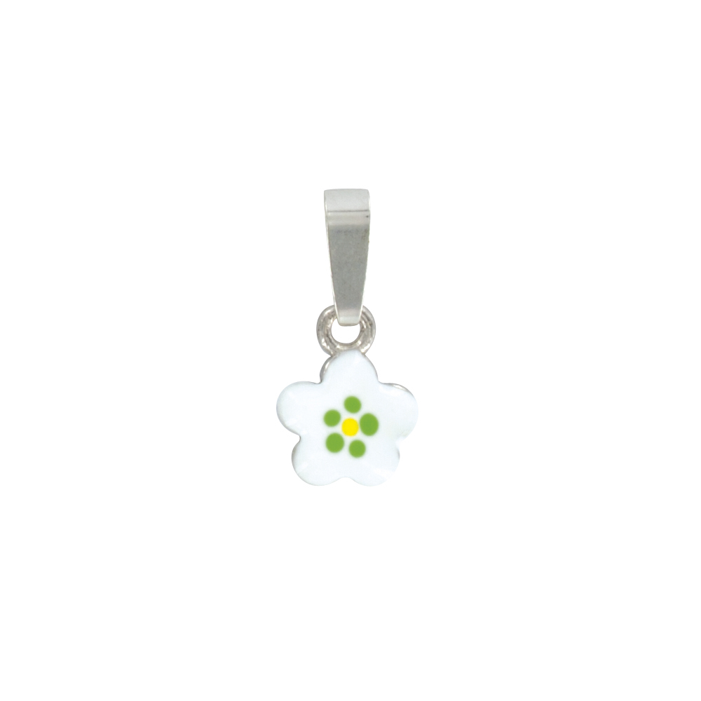 Pendentif grande fleur blanche/verte en argent 925/1000 rhodié et émail