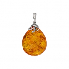 Pendentif grande pierre Ambre couleur miel, bélière volutes argent 925/1000 rhodié