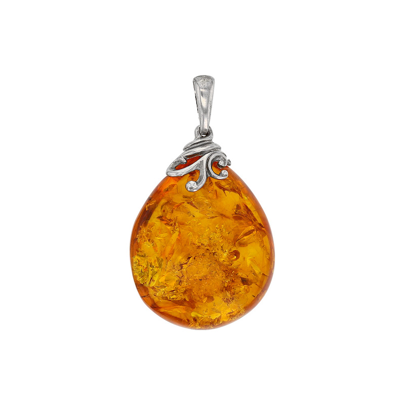 Pendentif grande pierre Ambre couleur miel, bélière volutes argent 925/1000 rhodié