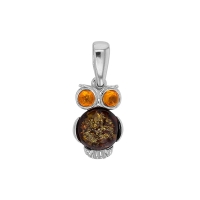 Pendentif hibou en ambre cognac, argent 925/1000