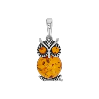 Pendentif hibou en argent 925/1000 veilli et ambre cognac