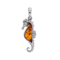 Pendentif hippocampe ambre cognac en argent 925/1000 rhodié