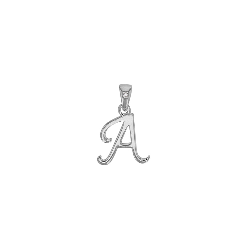 Pendentif initiale A, bélière sertie 1 diamant 0,005ct, argent 925/1000 rhodié