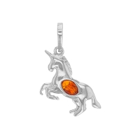 Pendentif licorne ambre cognac en argent 925/1000 rhodié