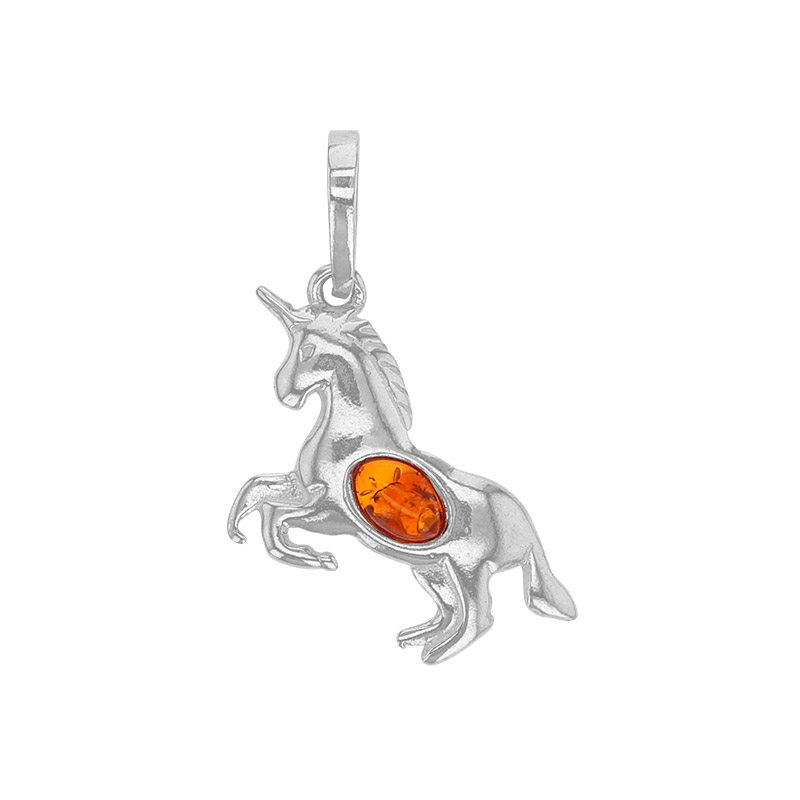 Pendentif licorne ambre cognac en argent 925/1000 rhodié