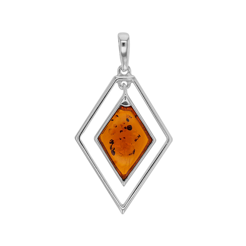 Pendentif losange ajouré ambre cognac en argent 925/1000