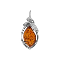 Pendentif losange forme goutte ambre cognac, argent 925/1000 rhodié