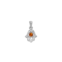 Pendentif main de fatma ajourée, ambre cognac en argent 925/1000 rhodié
