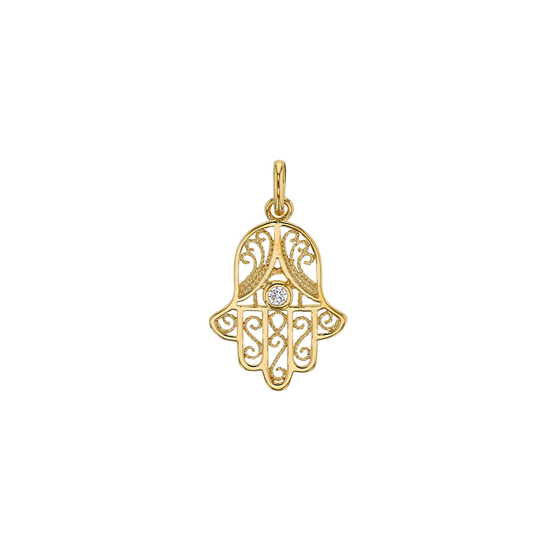 Pendentif main de Fatma ajourée ornée d'un oxyde de zirconium, Plaqué or