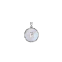 Pendentif médaille initiale A sur nacre, argent 925/1000 rhodié