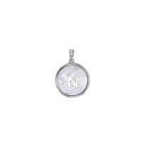 Pendentif médaille initiale A sur nacre, argent 925/1000 rhodié