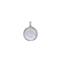 Pendentif médaille initiale A sur nacre, argent 925/1000 rhodié