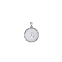 Pendentif médaille initiale A sur nacre, argent 925/1000 rhodié