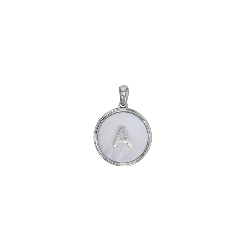 Pendentif médaille initiale A sur nacre, argent 925/1000 rhodié