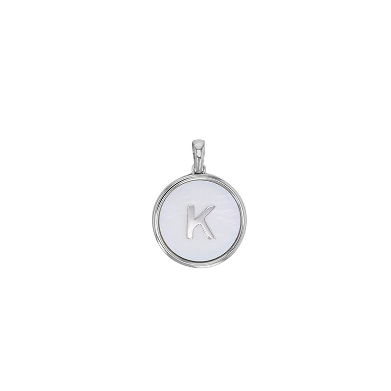 Pendentif médaille initiale A sur nacre, argent 925/1000 rhodié