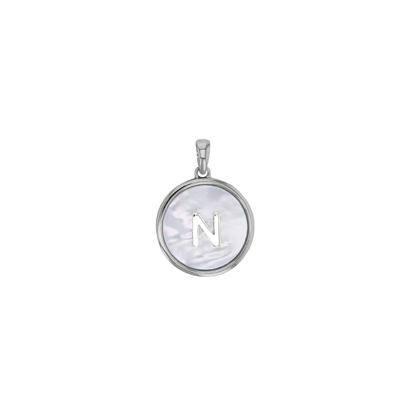 Pendentif médaille initiale A sur nacre, argent 925/1000 rhodié
