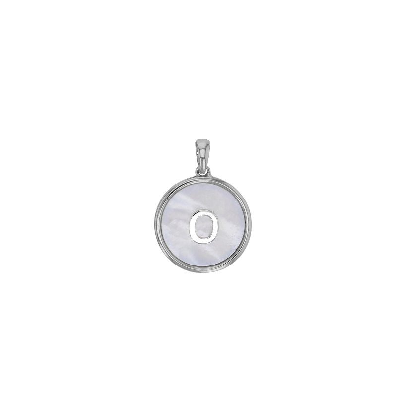 Pendentif médaille initiale A sur nacre, argent 925/1000 rhodié