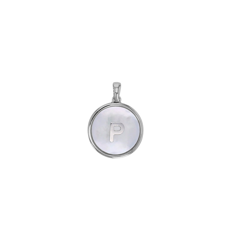Pendentif médaille initiale A sur nacre, argent 925/1000 rhodié