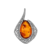 Pendentif motif ajouré, ambre cognac forme ovale en argent 925/1000 rhodié
